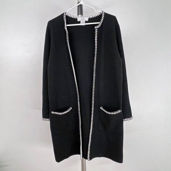 Magaschoni Black White Trim Split Cuff Long Open Cardigan‎ Sz S - Picture 2 of 15